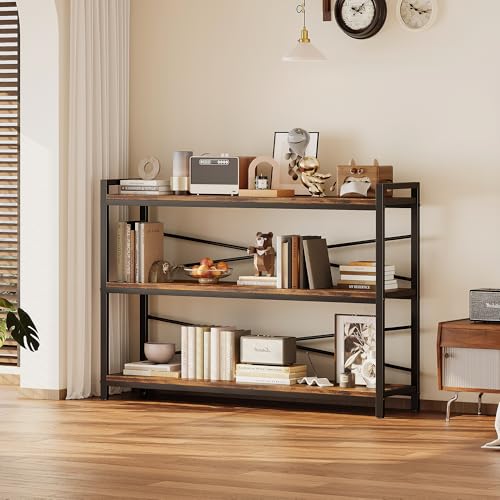 3 Tier Bookcase 47.24" Width, Long Industrial Book Shelf, Vintage Wooden Large Book Shelf for Home Living Room Bedroom Office Storage(Vintage) - color: Vintage, size: 3 Tier - 47.2" W