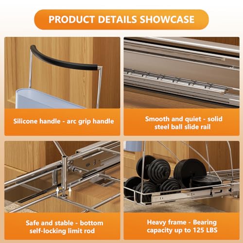 Pull Out Trash Can Under Cabinet with Garbage Bag Holder，Heavy Duty Under Sink Garbage Can Pull Out Kit-Up to 125 lb，Fit for 7–13 Gallon Cans ，Chrome (Trash Can Not Included)