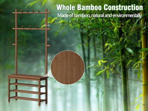 Bamboo Hall Tree with 13 Hook, 6-in-1 Entryway Bench with Coat Rack Freestanding, Coat Rack with Shoe Storage Bench Organizer for Mudroom, Bedroom, All-in-One Shoe Rack,Walnut