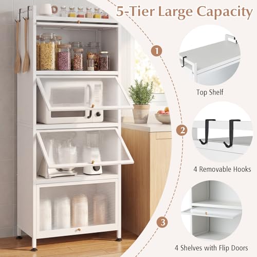 Giantex 5-Tier Kitchen Storage Cabinet, Mobile Microwave Stand with Flip-up PC Doors, Freestanding Kitchen Bakers Rack with 4 Rolling Casters, for Dining Room, Living Room and Study (White) - color: White