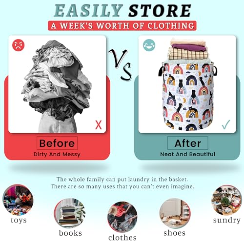 Boho Rainbow Cute Cats Laundry Basket Foldable With Handles Tote Bag Oxford Cloth Funny Cat Laundry Hamper Clothes Storage Bucket Toy Organizer 18.9" x 16.5" For Bathroom/Laundry/Bedroom - color: Cute Cat With Boho Rainbow