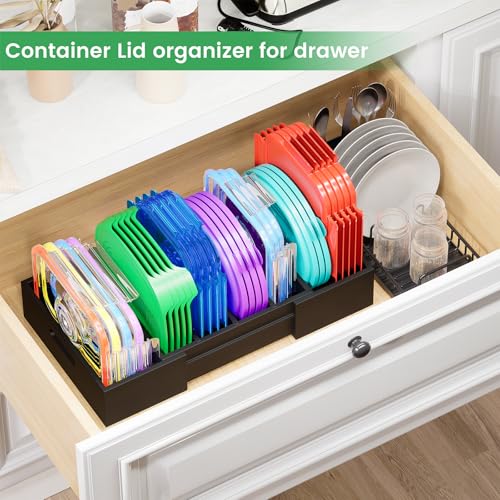 Kiasthome Expandable Bamboo Lid Organizers Inside Cabinet, Kitchen Cabinet Organizers with 3 Adjustable Dividers, Storage Plastic Lids, Food Container Lid Holder Organizer for Drawer Pantry, Black - color: Black
