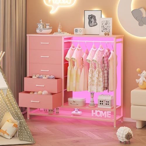Dresser for Bedroom, Dresser with Hanging Rack Led Lights and Charging Station, Tall Dresser with 5 Fabric Chest of Drawers with PU Finish Storage Organizer, for Living Room Kids Room Closet, Pink - color: Pink
