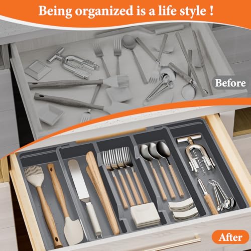 Silverware Organizer, Expandable Utensil Drawer Organizer for Kitchen Drawers, Kitchen Drawer Organizer for Spoons/Forks/Knives, Multipurpose & BPA Free Cutlery Tray, Grey, 1 Pack - color: Gray