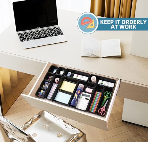 Kutesna 25 PCS Black Drawer Organizer Set, 4 Size Interlocking Plastic Storage Bins for Office Supplies, Jewelry Makeup Vanity, Bathroom Kitchen, Home Organization Closet, Gadgets Small Items - color: Black