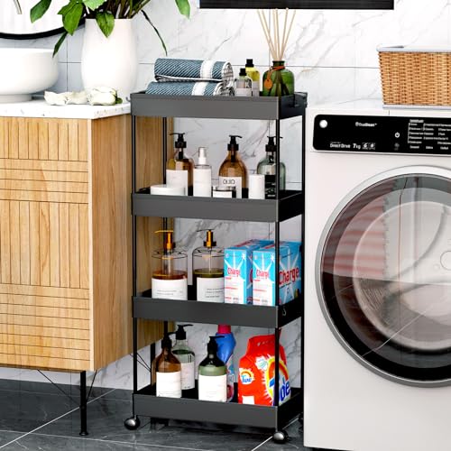 SPACEKEEPER Storage Cart 4-Tier, Bathroom Rolling Cart Utility Storage Organizer Shelf Mobile Shelving Unit for Kitchen Living Room Bathroom Laundry Room & Dressers, Black - color: Black, size: 4 Tier