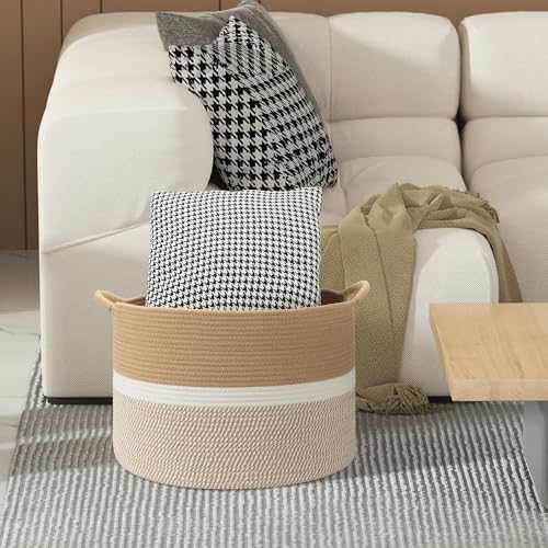 Large Blanket Basket (20"x13"),Woven Basket for Storage Dirty Clothes for Laundry, Living Room, Nursery, Bedroom Rope Storage Basket for Blankets（Double/Brown) - color: Double Brown