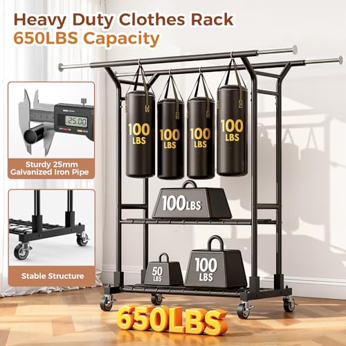Luxspire Heavy Duty Clothes Rack Load 650 LBS, Double Rod Clothing Racks for Hanging Clothes, Rolling Garment Racks with Lockable Wheels, Shelves, Adjustable Laundry Hanging Rack, Black - color: Black