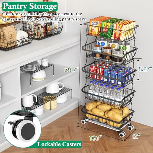 OKZEST 5 Tier Fruit Basket for Kitchen, Stackable Bins Wire Rack with Wheels, Fruit and Vegetable Storage Basket Pantry Food Snack Organizer Shelf, Kitchen Storage Cart for Onion and Potato, Produce - color: Black, size: 5-Tier Baskets
