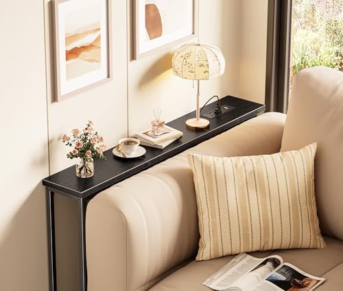 SUPERJARE 5.7 Inch Console Table with Outlet, Sofa Table, Behind Couch Table, 5.7 x 39.4 x 29.7 Inches, Metal Frame, Charging Station, for Living Room, Black - color: Black, size: 5.7''D x 39.4''W x 29.7''H