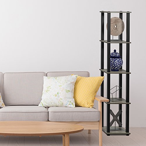 FURINNO Turn-S-Tube 5-Tier Corner Square Rack Display Shelf, French Oak Grey/Black - color: French Oak Grey/Black, size: 5-Tier Square Tube