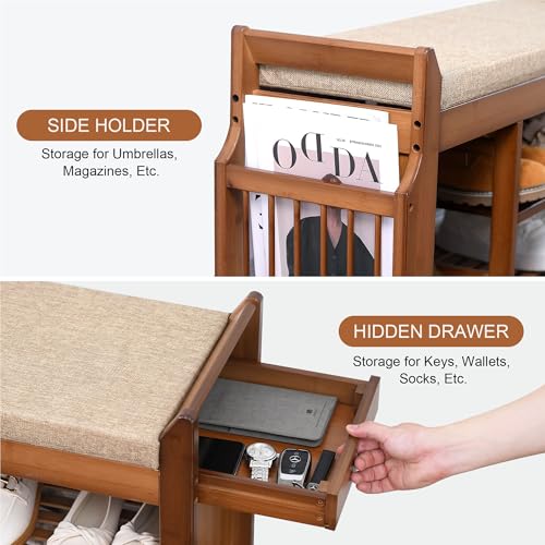 PETKABOO 31.5" Shoe Bench with Coat Rack Hidden Drawer and Side Holder, 2 Tier Entryway Bench with Storage 39.4 in, Bamboo Shoe Rack with Cushion for Entryway Hallway Living Room Bedroom - size: 31.5 in with Hook