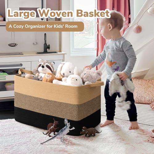 Goodpick Large Woven Blanket Basket 23.6" x 15.7" x 13.8" Cotton Rope Storage Organizer for Dirty Clothes Pillows Toys, Rectangle Wicker Laundry Basket with Handles, Black & Jute Mix - color: Black Jute, size: X-Large(23.6"L x 15.7"W x 13.8"H)
