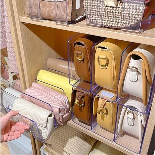 YAGELI Clear Acrylic Purse Organizer for Closet, 3-4 Section Desk File Sorter, 2.95" Wide Slots for Clutches, Handbags, Binders & Folders, Sturdy Stackable Bookshelf Organizer, 2-Pack (3 Sections) - size: 3 Sections-2 pack