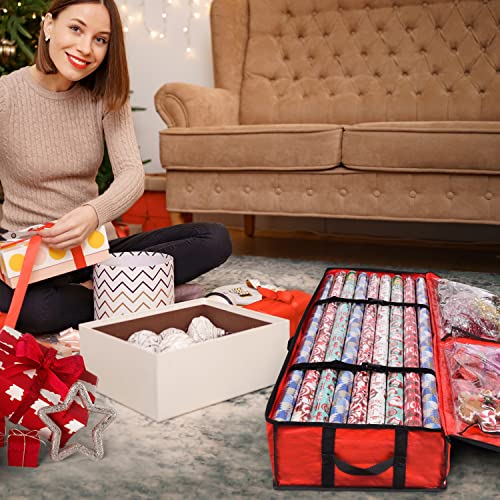 ProPik Wrapping Paper Storage Containers | Gift Wrap Organizer Under Bed 41”x14”x6” Fits 18-24 Rolls Fit Up to 40” Long Roll Wrap Storage Box Holder with Pockets for Ribbon Bows & Accessories (Red) - color: Red