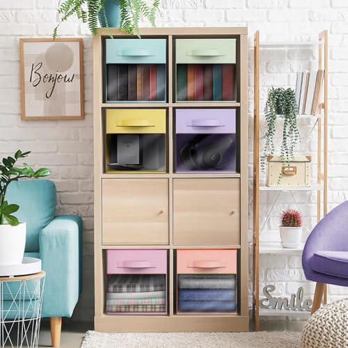 Sorbus 11 Inch Storage Bins with Clear Window - 6 Foldable Baskets for Organizing Clothes, Toys, Books - Sturdy Collapsible Fabric Storage Cubes with Handle - Storage Baskets for Shelves, Closets - color: Pastel Multi-Color with Window, size: 11 Inch