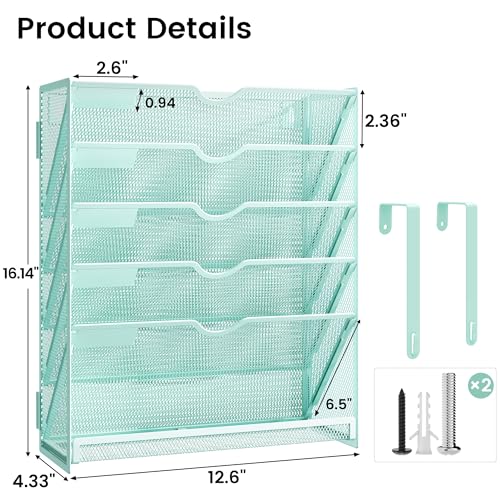 Hanging Wall File Organizer, 6-Tier Mint Green Desk Organizer with Metal Mesh, Foldable Document Organizer for Office Desk, Wall Mount Magazine Rack for Mail/Books/Tablet - color: Mint Green
