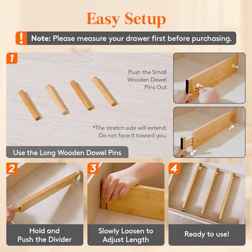Lifewit 4" High 8 Pack Bamboo Drawer Dividers 43-54cm/17-21.5" Adjustable Wooden Drawer Organizer for Clothes/Utensils, Expandable Drawer Separator for Dresser/Kitchen/Bedroom/Office Organization - size: 4"H, 17-21.5"L
