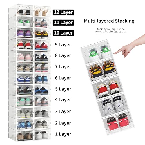 12 Pack Shoe Organizer Storage Bins, Clear Plastic Stackable Shoe Boxes for Closet, Space Saving Foldable Shoe Storage Bins, Sneaker Storage Shoe Box Container, White Frame