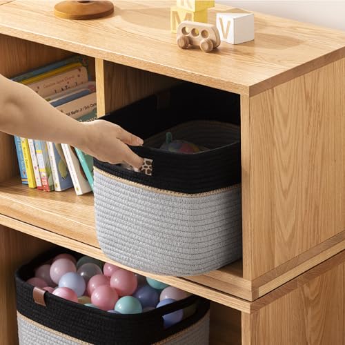 UBBCARE 4 Pack Baskets for Organizing, Woven Storage Baskets with Label for Toys and Towel, Rectangle Cotton Rope Basket with Handles, 14''L x9''W x8''H, Black&Grey - color: Black&Grey, size: 4 Pack - 14 X 8 X 9 Inches