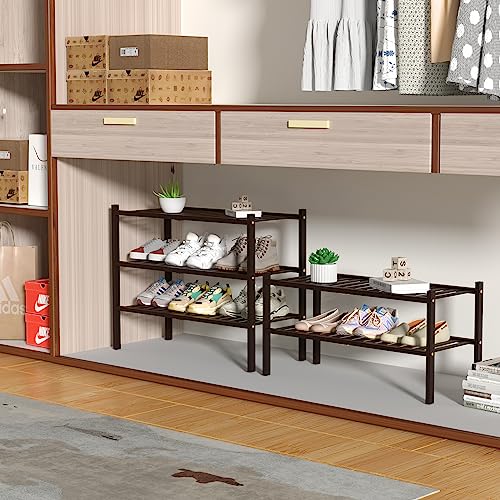 ROMGUAR CRAFT 3 Tier Bamboo Shoe Rack for Closet Free Standing Wood Shoe Shelf for Entryway Small Space Stackable 27"x11"x20" (Brown) - color: Brown, size: 3 Tier
