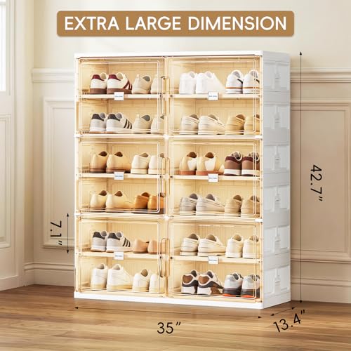 JEKO&JEKO 6 Tiers Foldable Shoe Rack Organizer Cabinet for Closet Entryway, Large Collapsible Shoe Storage Box with Magnetic Doors Fits Up to 24 Pairs (White) - color: Double-row, size: 6 Tiers (Standard Tiers Only)