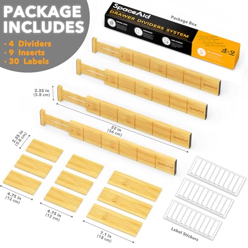 SpaceAid Bamboo Drawer Dividers with Inserts and Labels, Kitchen Adjustable Drawer Organizers, Expandable Organization for Home, Office, Dressers, 4 Dividers with 9 Inserts (17"-22" Natural) - color: NATURAL, size: 2.35''H, 17''-22''L, 4 Dividers