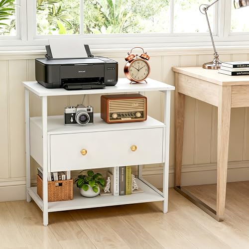 Edbuosy 27 Inch Wide Night Stand with Charging Station, Wood Nightstand with Open Shelf, Large Drawer Bedside Table for Living Room/Bedroom/Office (White) - color: White, size: 1 Drawer