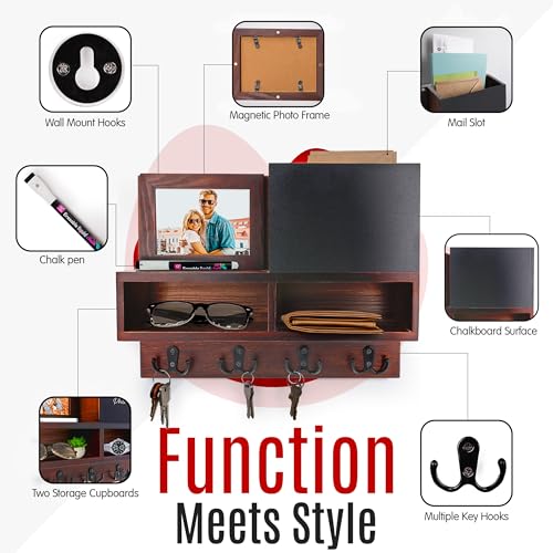 Spacelog Key and Mail Holder for Wall with Chalkboard – Magnetic Photo Frame Key Holder Wall Mount, Dark Walnut, Dual Storage & Cupboards Mail and Key Organizer for Wall - color: Dark Walnut Brown