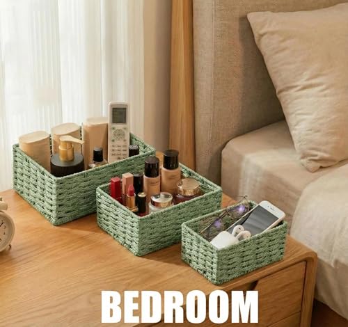 Small Wicker Basket for Organizing, Woven Storage Basket Set of 3 - Handwoven Natural Paper Rope Baskets to Declutter Any Room, Perfect for Organizing and Home Decor (Green) - color: Green