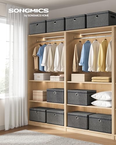 SONGMICS Storage Bins with Lids, 3 Pack Stackable Fabric Storage Boxes, Odorless PP Sheets, Foldable Cube Baskets Organizers with Handles, 15.7 x 11.8 x 9.8 Inches, Slate Gray URFB540GN01 - color: Slate Gray, size: 15.7"L x 11.8"W x 9.8"H