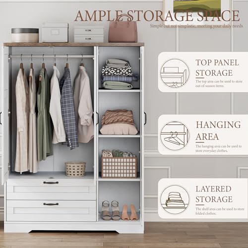 Brafab 62" Wooden Armoire Wardrobe Closet with 3 Doors and Drawers, Standing Bedroom Storage Armoires Cabinet with Hanging Rod for Hanging Clothes, Coat Closet Organizer with Shelves and Mirror, White - color: White, size: 3 Doors