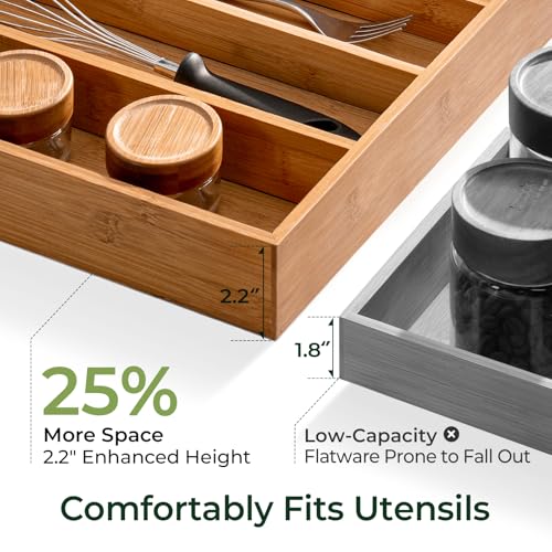 Carbonized Bamboo Kitchen Drawer Organizer, 8 Slots Silverware Organizer, Utensil Holder & Cutlery Tray, 2.2" Deep for Extra Capacity, Non-Slip Feet Included - size: 8 Slots