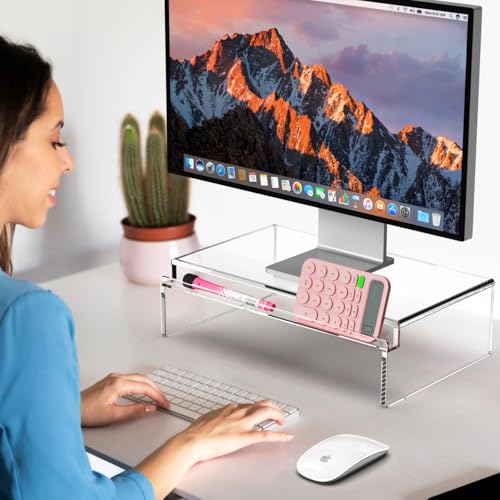 Crpich Clear Acrylic Monitor Stand Riser with Slot for Desk Accessories Organizer, Ergonomic Desktop Organizer for Computer, Laptop, Screen – Sleek & Durable Design for Office or Home
