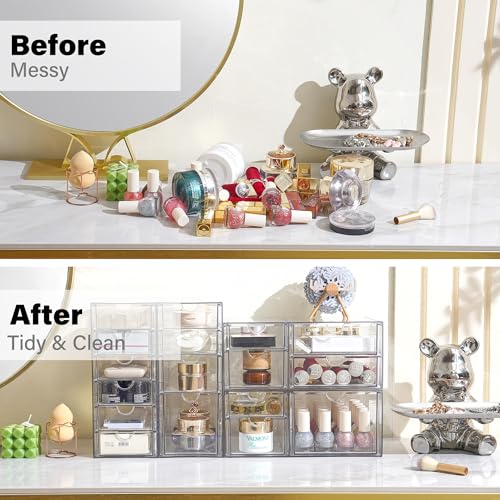 Prsildan Acrylic Drawer Organizer with 17 Drawers, Craft Office Desk Makeup Organizers Accessories, Set of 4 Clear Stackable Storage Drawers for Vanity, Countertop, Jewelry, Art Supply Organization - style: 17 Drawers