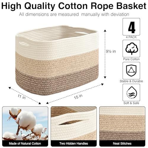 ICERZCZ Storage Baskets for Organizing & Shelves, Woven Cotton Rope Organization Bins for Dog Toys, Clothes, Books, Nursery Organizer, 15"Lx11"Wx9.5"H, (4 Packs) Gradient Brown - color: Gradient Brown, size: 15"(L)×11"(W)×9.5"(H)
