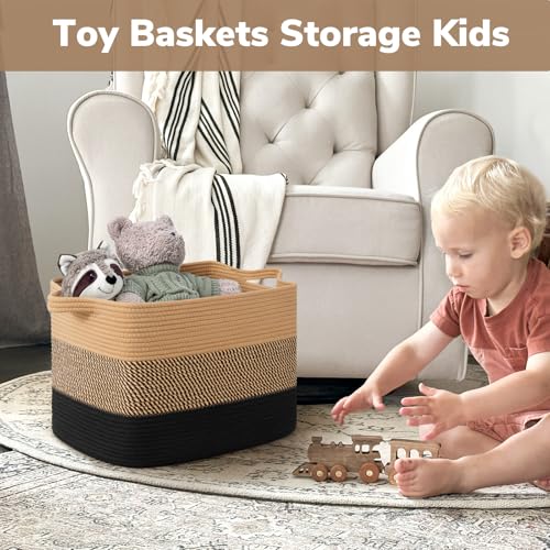 Goodpick Large Woven Basket 18" x 14" x 12" Cotton Rope Storage Baskets for Organizing, Rectangle Wicker Laundry Basket with Handles, Toy Baskets for Kids, Black & Jute - color: Gradient Black, size: 18"L x 14"W x 12"H