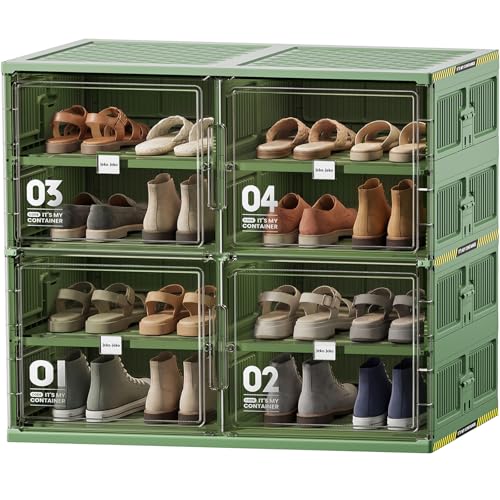 JEKO&JEKO 4 Tiers Green Foldable Shoe Rack Organizer for Entryway, Outdoor Front Door Shoe Storage Cabinet, Large Collapsible Shoe Box with Magnetic Doors, Holds Up to 16 Pairs - color: Double-row(Green), size: 4 Tiers