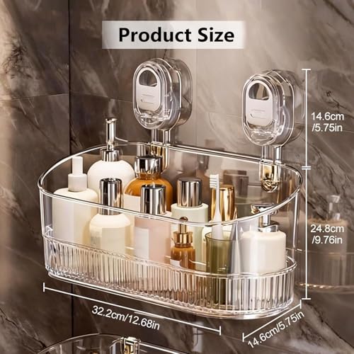 No-Drill Wall Mount Storage Box with Strong Suction Cups, Large Capacity Transparent Bathroom Organizer for Sink & Shower, Heavy Duty Holder for Cosmetics & Toiletries