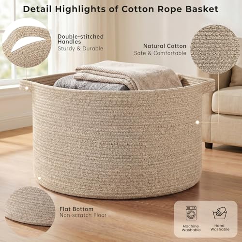 OIAHOMY 90L Blanket Basket for Living Room, Large Basket 23" x 23" x 13" with Handle, Laundry Hamper for Blankets, Pillows, Toy Storage for Kids, Dogs - Brown - color: Brown, size: 23" x 23" x 13"