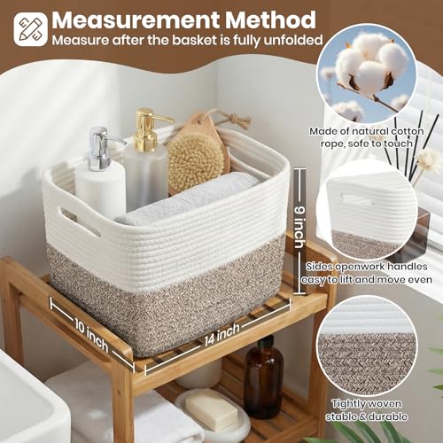 Storage Baskets for Organizing, 14 x 10 x 9” Closet Shelf Woven Baskets, Square Bins with Handles, Cotton Rope Basket for Toys, Clothes, Office, Room, White+Dark brown 3 Pack - color: White+Dark brown, size: 3pcs