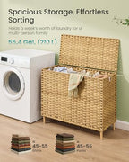 SONGMICS 4-Section Laundry Hamper with Lid, 55.4 Gal (210L) PE Rattan Laundry Basket with Removable Washable Liners, for Bedroom & Living Room, Goose Yellow ULCB224YE01 - color: Goose Yellow, size: 210 L (4 Basket)