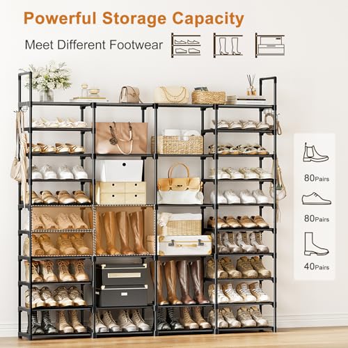 WOWLIVE 4 Row 10 Tiers Extra Large Shoe Rack Big Tall Metal Shoe Shelf, Heavy Duty Organizer for Closet Entryway, Boot Rack Storage Stackable Stand for Garage Black - color: Black, size: 4 Row 10 Tier