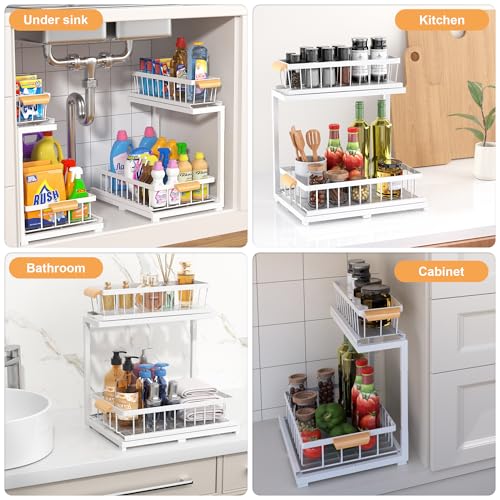 Under Sink Organizer 2 Tier, Pull Out Drawer Slides Under Sink Storage for Bathroom Kitchen,Multi-Purpose Drawer Under Cabinet Organizer for Cleaning Supplies (White, Large-1 Pack) - color: White, size: Large-1 Pack