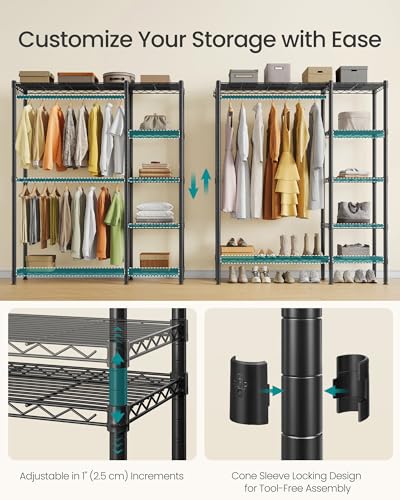 SONGMICS Clothing Rack, Heavy-Duty Garment Rack with Adjustable Storage Shelves and Hanging Rails, Hooks, Freestanding Portable Wardrobe Closet, Ink Black ULGR426BH01S - color: Ink Black, size: 45"L x 76.4"H, style: Without Fabric Cover