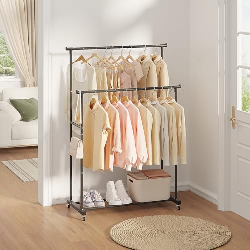 Calmootey Double Rods Clothes Garment Rack, Rolling Clothing Rack for Hanging Clothes, Coat Storage, Organizer for Bedroom, Livingroom, Apartments, Black