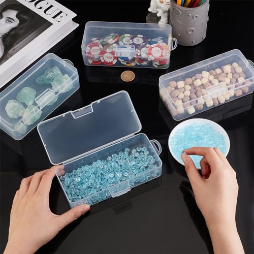 BENECREAT 4 Packs Rectangle Plastic Container Box, 7x3x1.8inch Clear Storage Organizer with Hinged Lid and Hanging Hole for Small Craft Accessories Office Supplies - size: 7x3x1.8inch