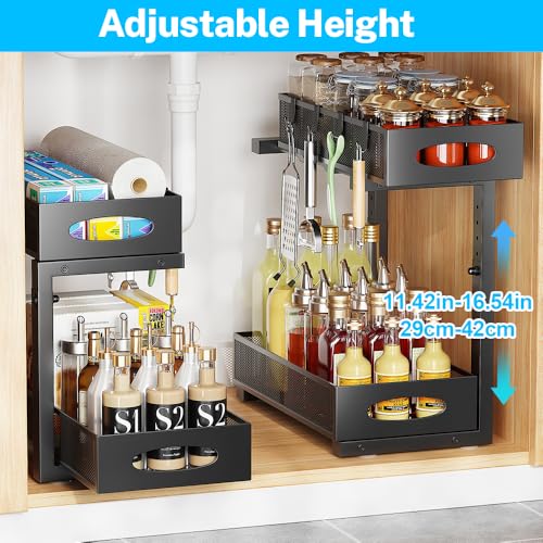 2 Pack Under Sink Pull Out Organizer, 2-Tier Adjustable Height Carbon Steel Storage Rack for Kitchen and Bathroom Cabinet, Black - color: Black