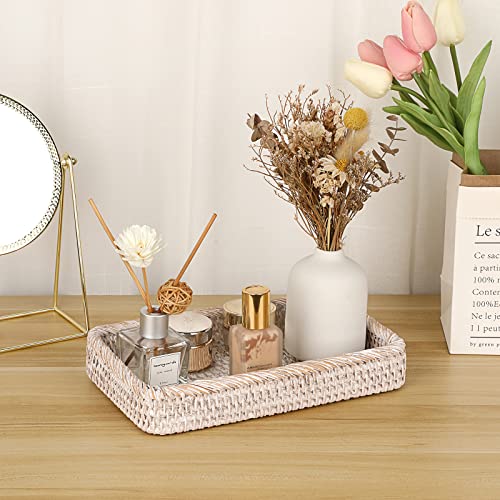 Sumnacon 10 Inch Rattan Bathroom Vanity Tray - Decorative Wicker Toilet Tank Tray for Paper Hand Towel, Vintage Storage Basket Bin for Bathroom Kitchen Toilet Tank Vanity Countertop Table Shelf White - color: White, size: 10" x 6.1" x 1.8"