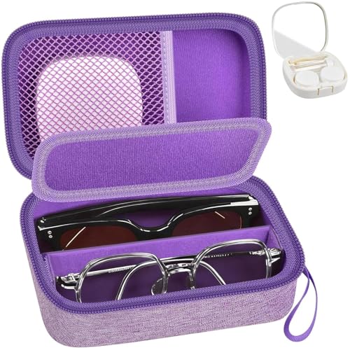 GWCASE Travel Glasses Organizer & Contact Lens Case - Adjustable Slots, Built-in Mirror, Tweezers, Solution Bottle & Hand Strap, Universal Fits Eyelasses/Sunglasses for Men & Women – Purple - color: Purple